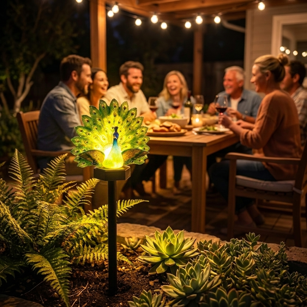 Green illuminated peacock solar garden light with feather display and ground stake