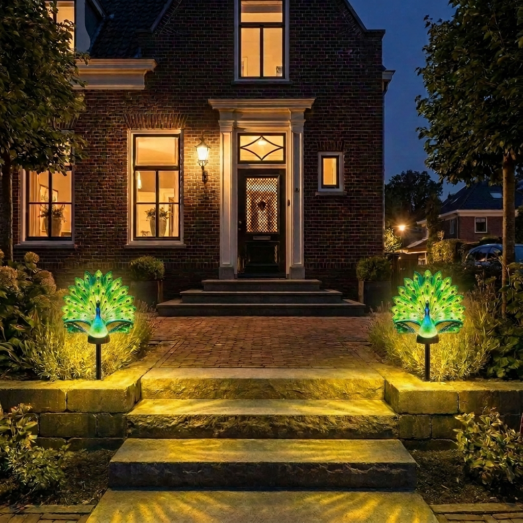 Green illuminated peacock solar garden light with feather display and ground stake