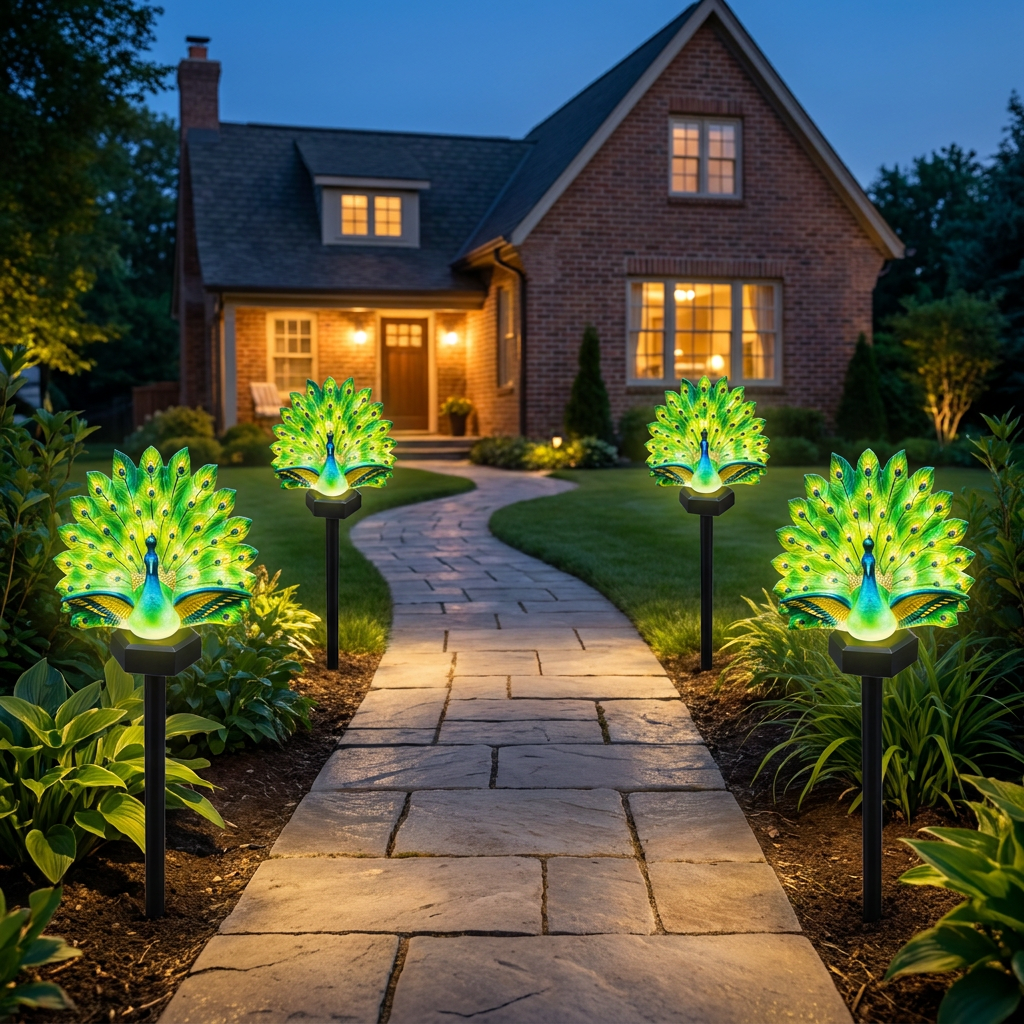 Green illuminated peacock solar garden light with feather display and ground stake