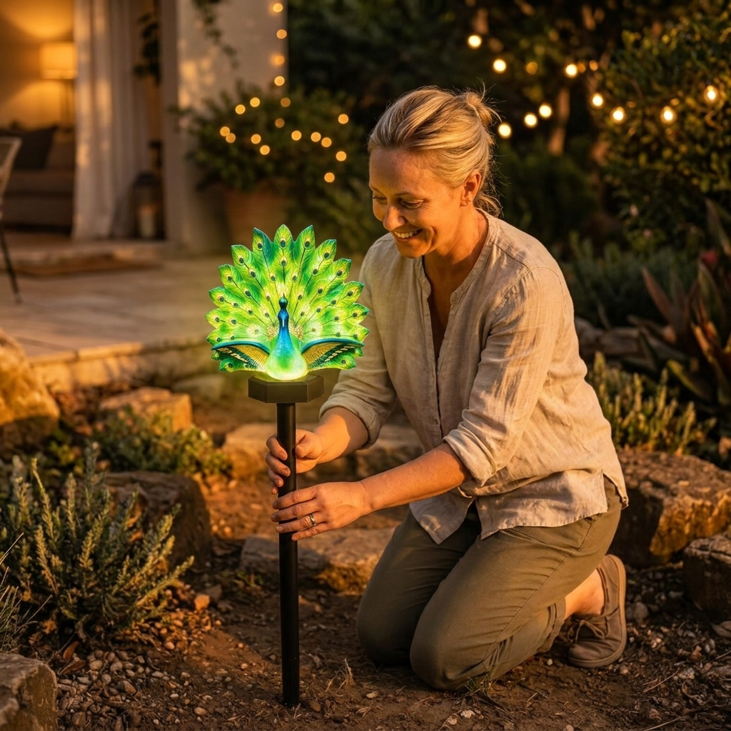 Green illuminated peacock solar garden light with feather display and ground stake