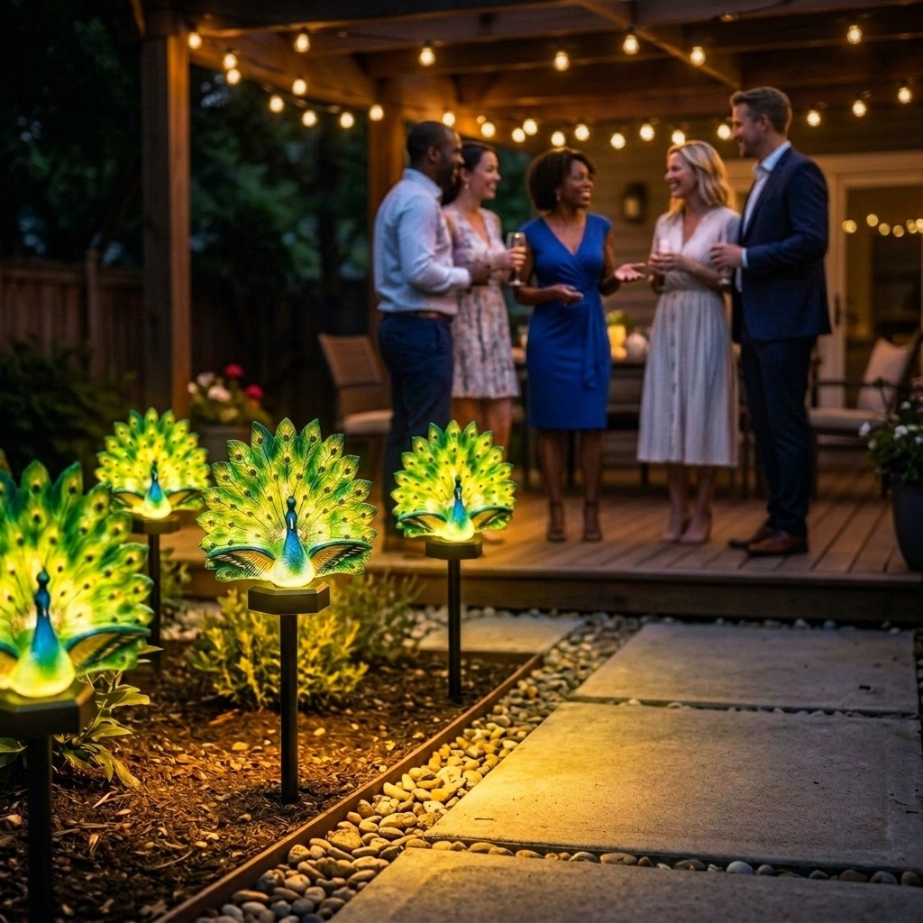 Green illuminated peacock solar garden light with feather display and ground stake