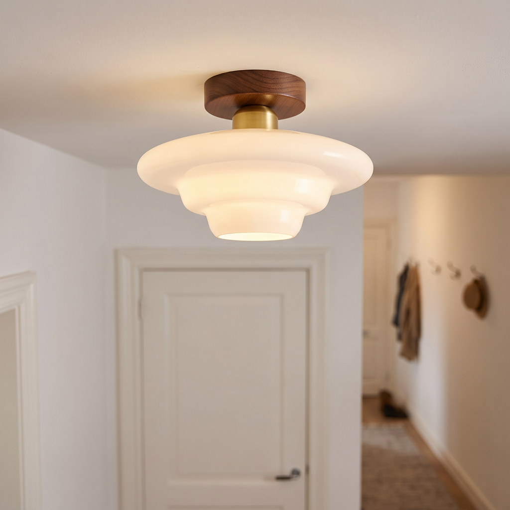 Flush ceiling light with layered white glass shade and walnut-effect ceiling mount