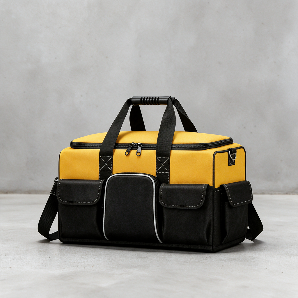 Yellow and black wide-mouth tool bag with molded base and shoulder strap