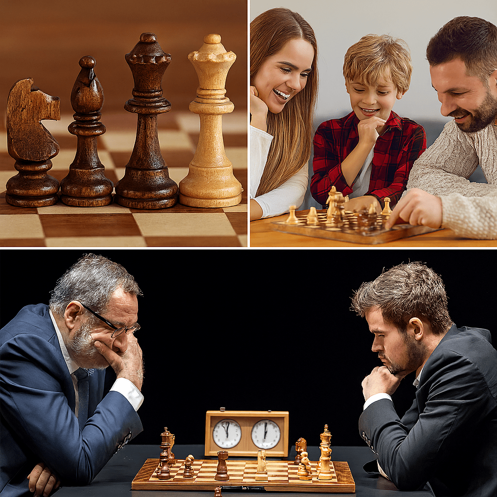 Wooden chess set with a checkerboard and contrasting carved chess pieces
