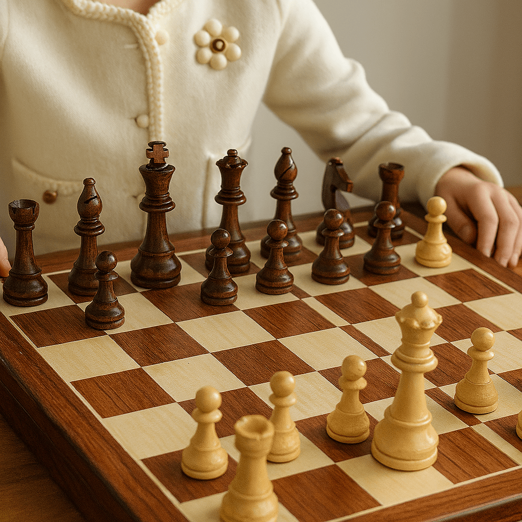 Wooden chess set with a checkerboard and contrasting carved chess pieces