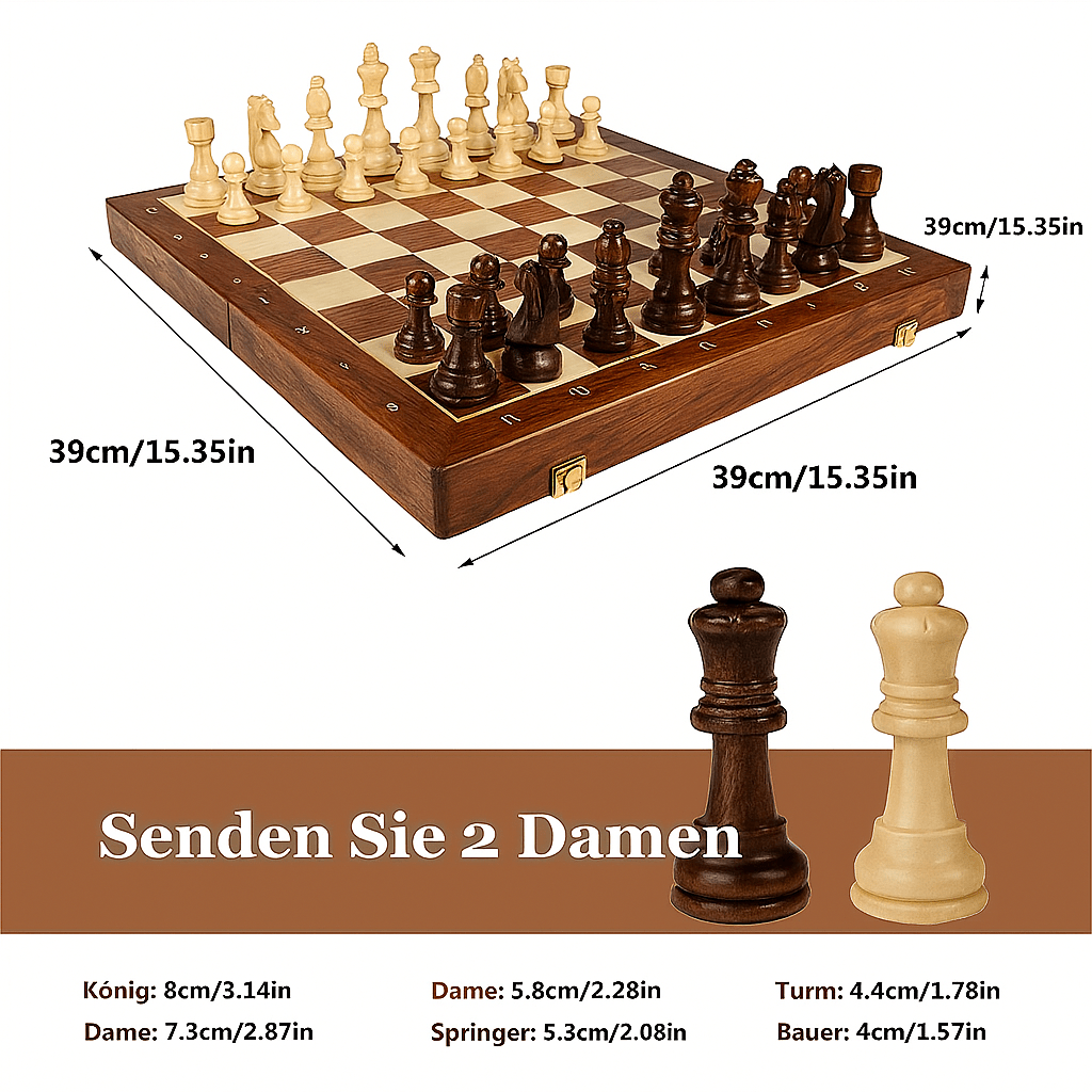 Wooden chess set with a checkerboard and contrasting carved chess pieces