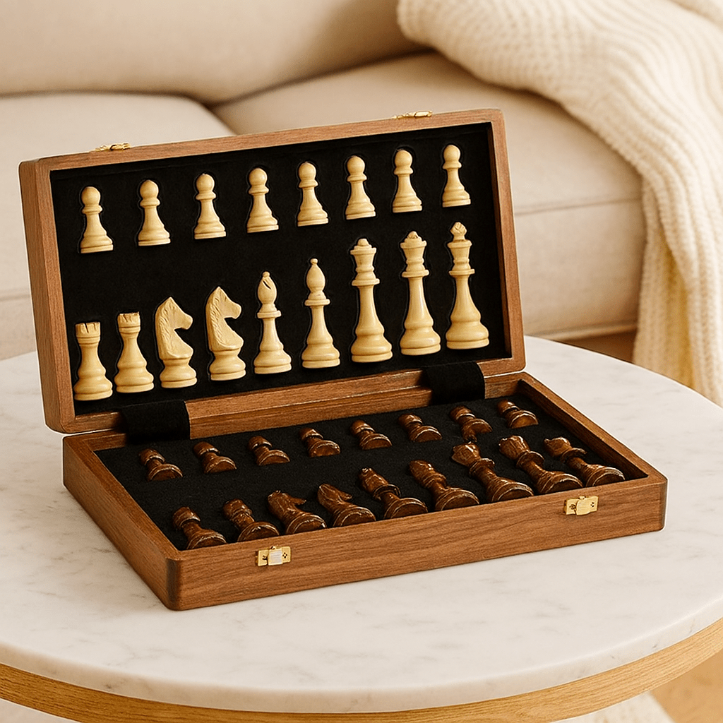 Wooden chess set with a checkerboard and contrasting carved chess pieces