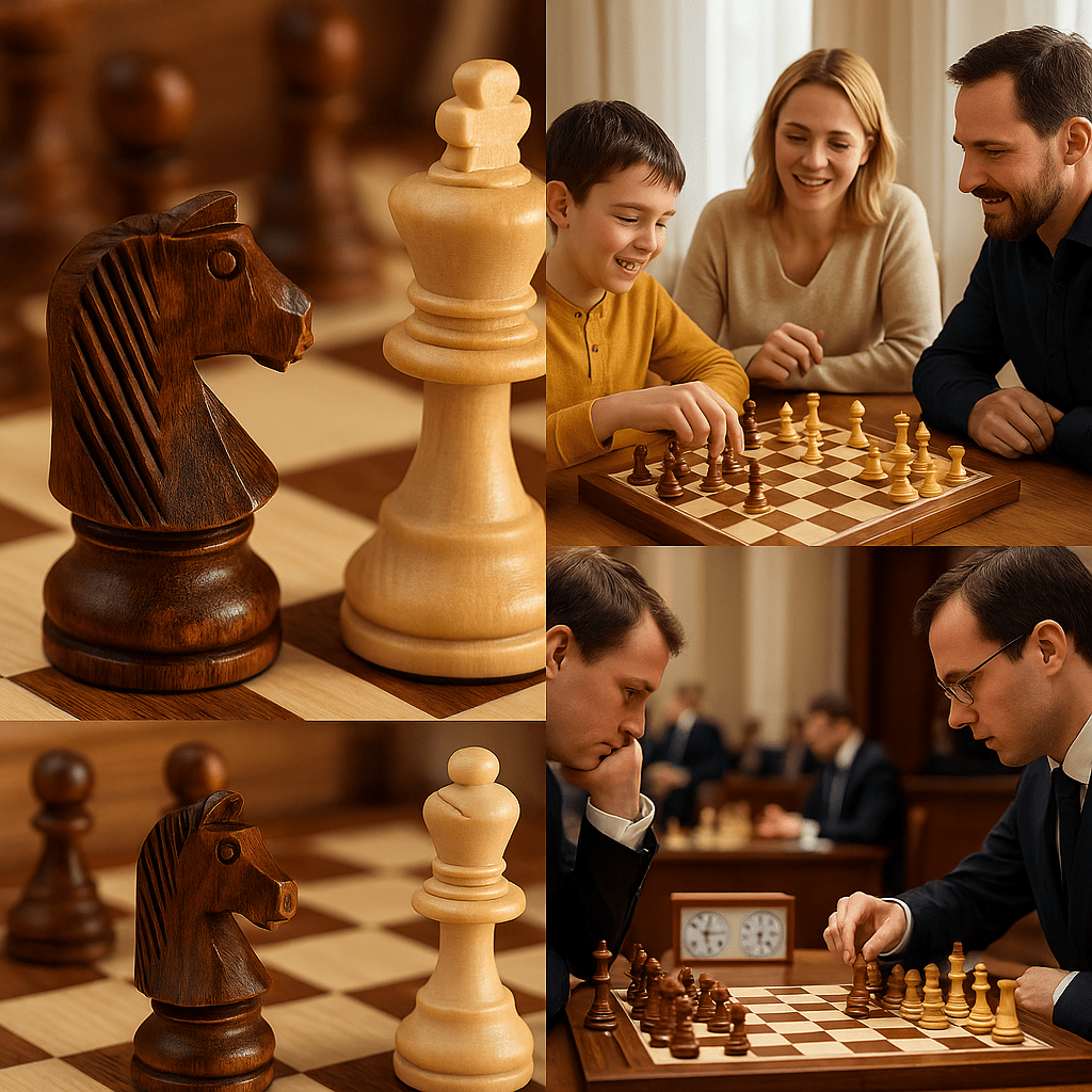 Wooden chess set with a checkerboard and contrasting carved chess pieces