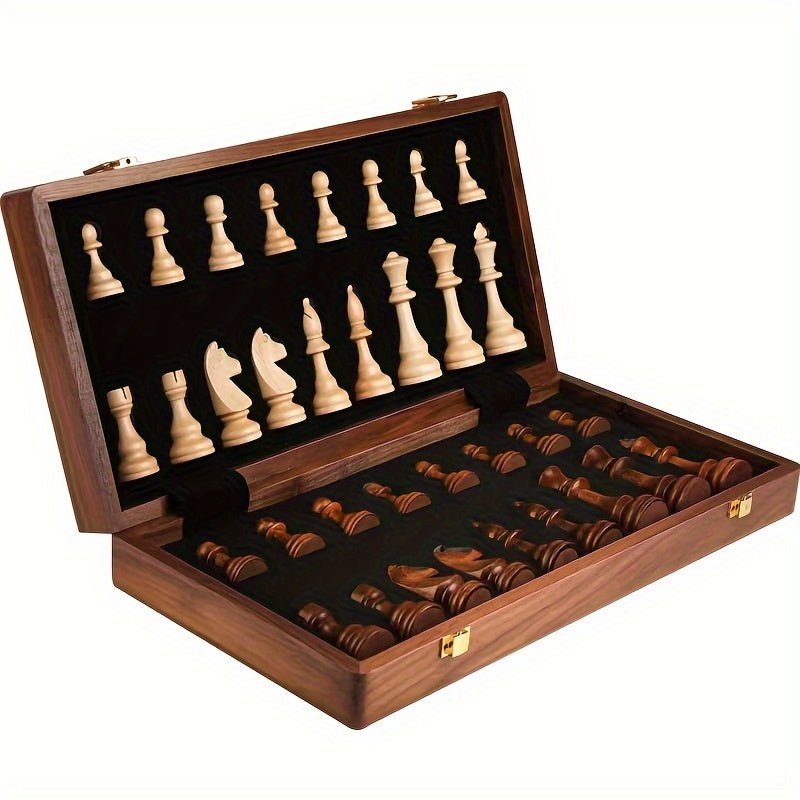 Wooden chess set with a checkerboard and contrasting carved chess pieces