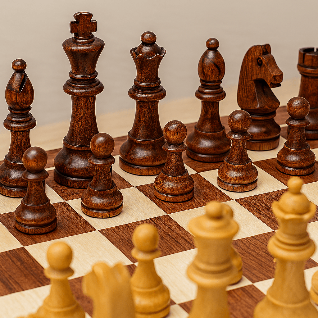 Wooden chess set with a checkerboard and contrasting carved chess pieces