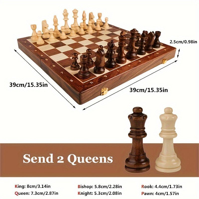 Wooden chess set with a checkerboard and contrasting carved chess pieces