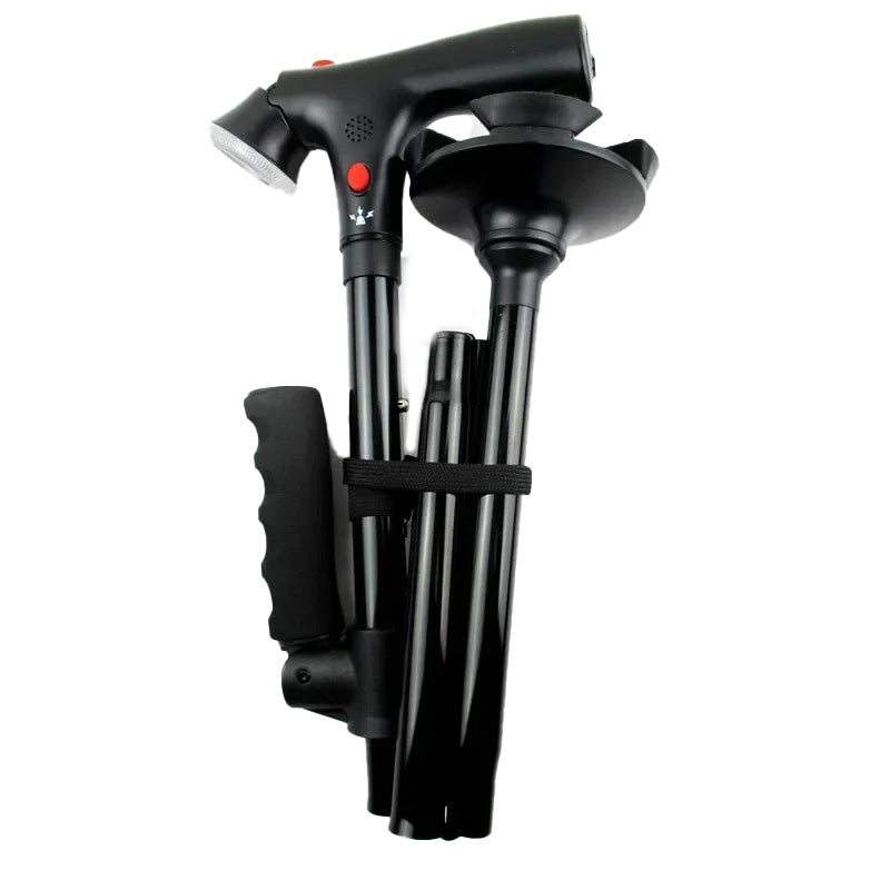 Black folding walking cane with dual handles, alarm, light and multi-point base