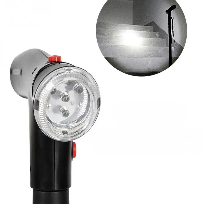 Black folding walking cane with dual handles, alarm, light and multi-point base