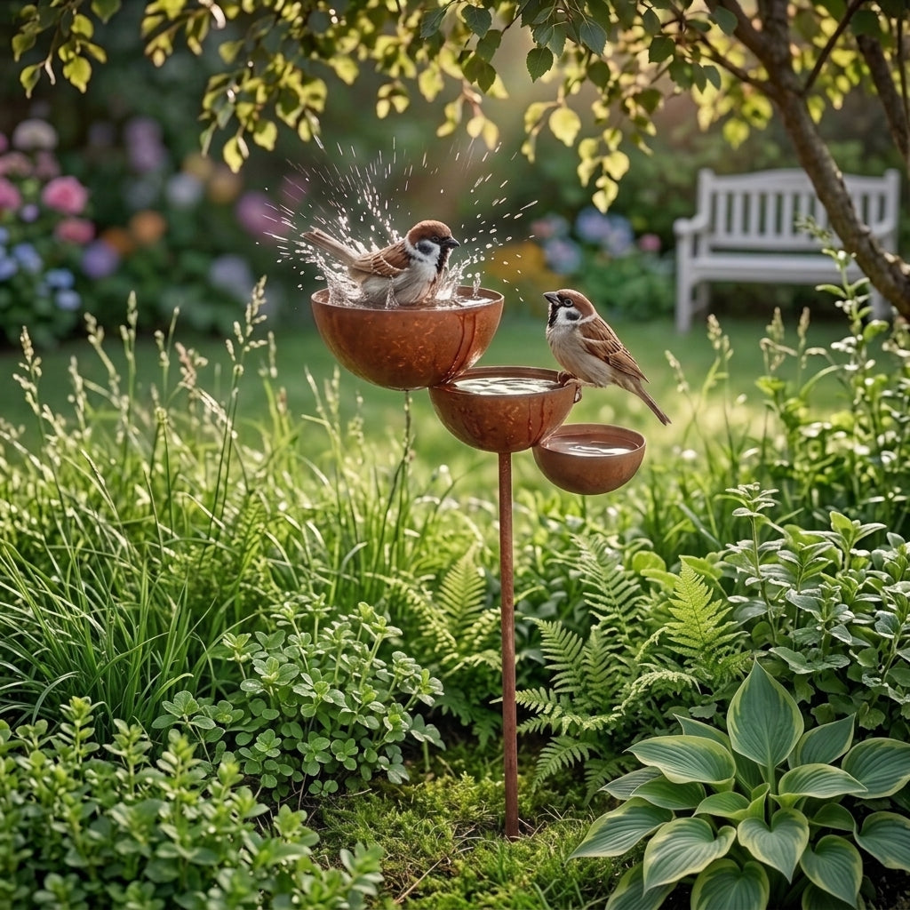 Vintage brown three-tier bird bath with three bowl basins on a garden stake