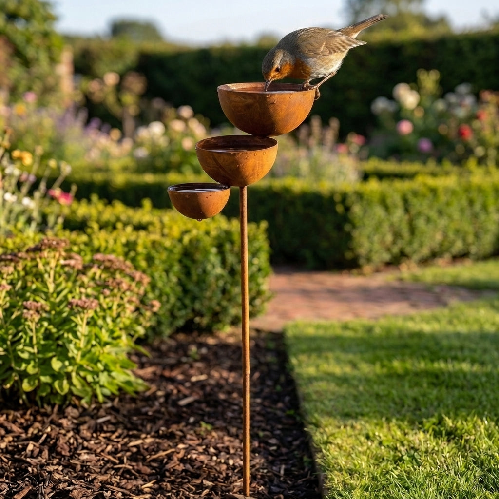Vintage brown three-tier bird bath with three bowl basins on a garden stake