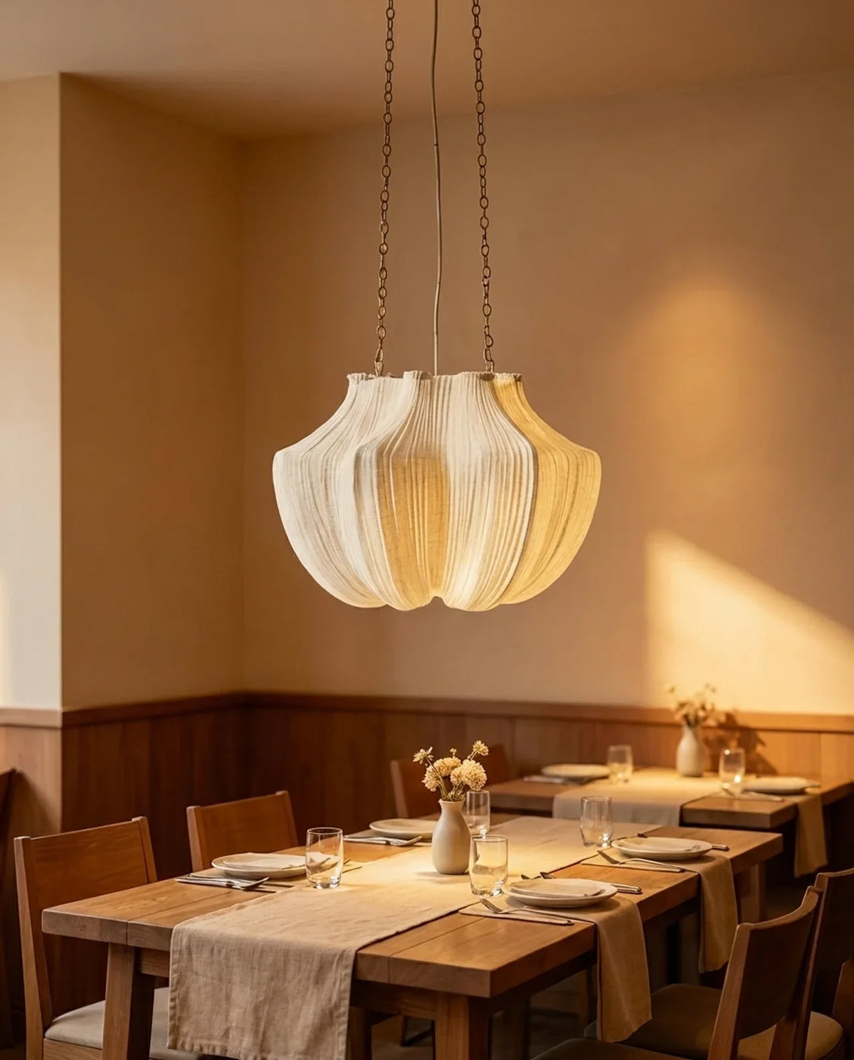 Beige ribbed pendant lamp with chain suspension