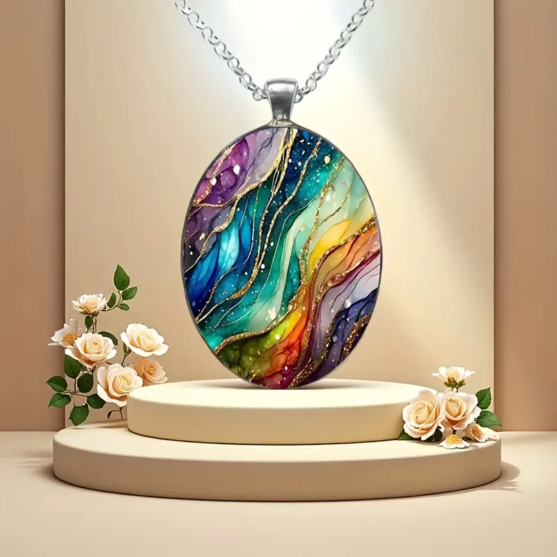 Oval pendant necklace with abstract multicolour design and silver-tone chain