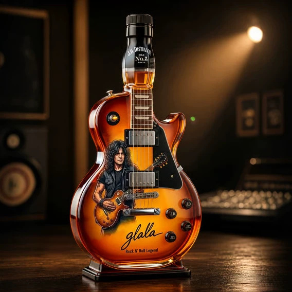Guitar-shaped amber-toned decorative decanter with rock design and black display base