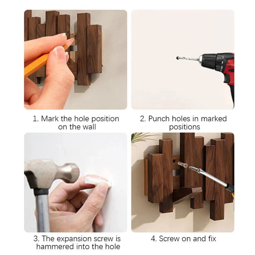 Wall-mounted solid wood coat rack with vertical bars