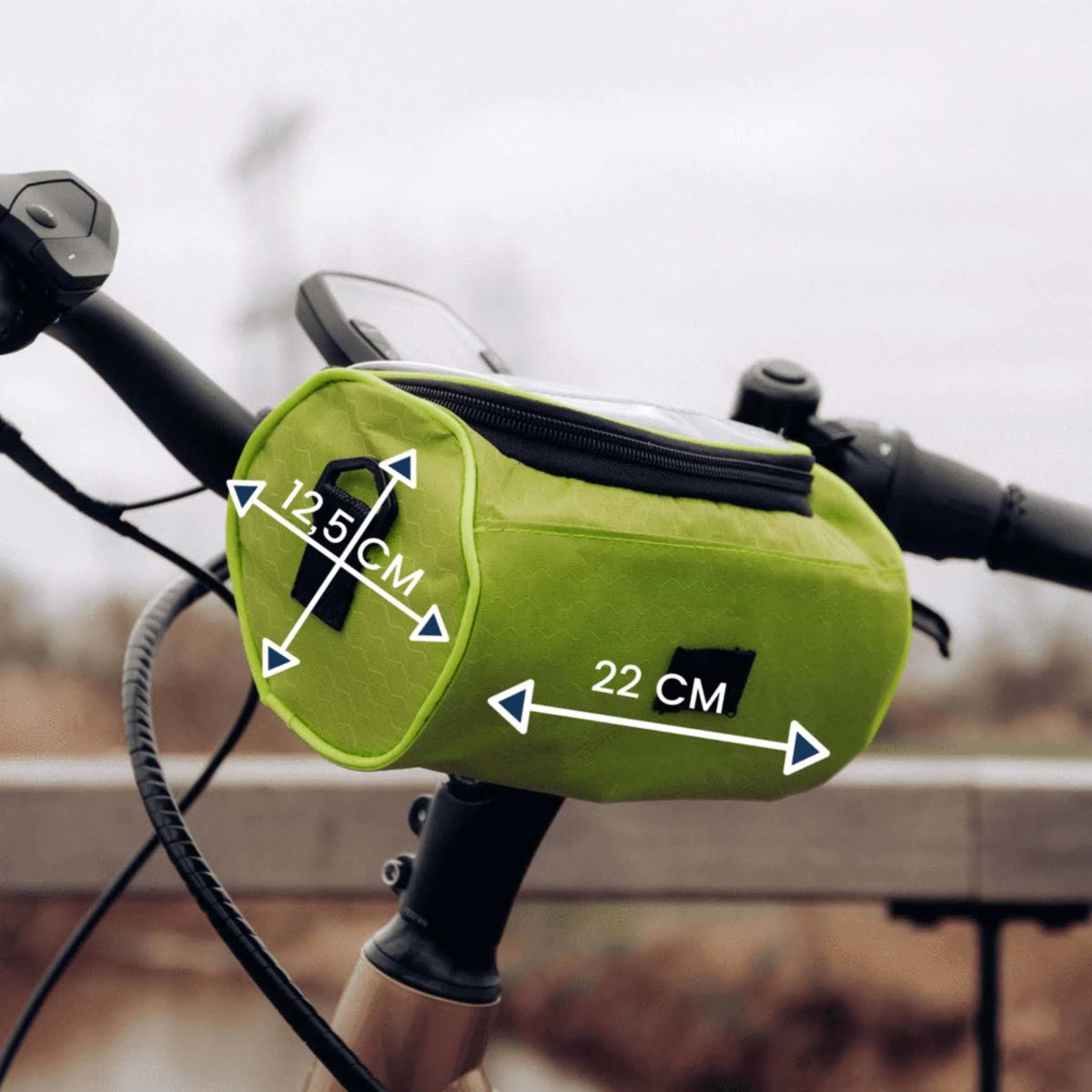 Waterproof bicycle bag with clear phone window and adjustable mounting straps