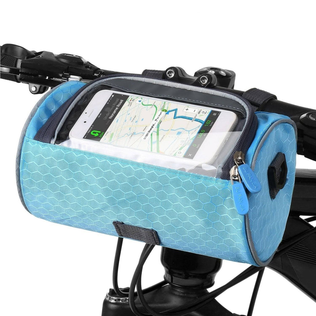Waterproof bicycle bag with clear phone window and adjustable mounting straps