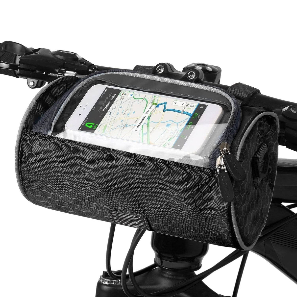 Waterproof bicycle bag with clear phone window and adjustable mounting straps