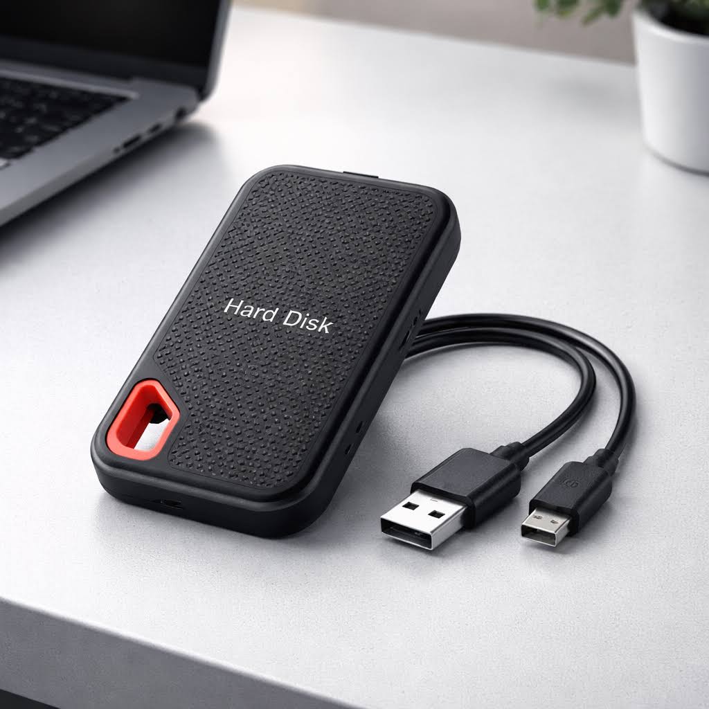 Black portable external SSD hard drive with red carry handle and USB cable