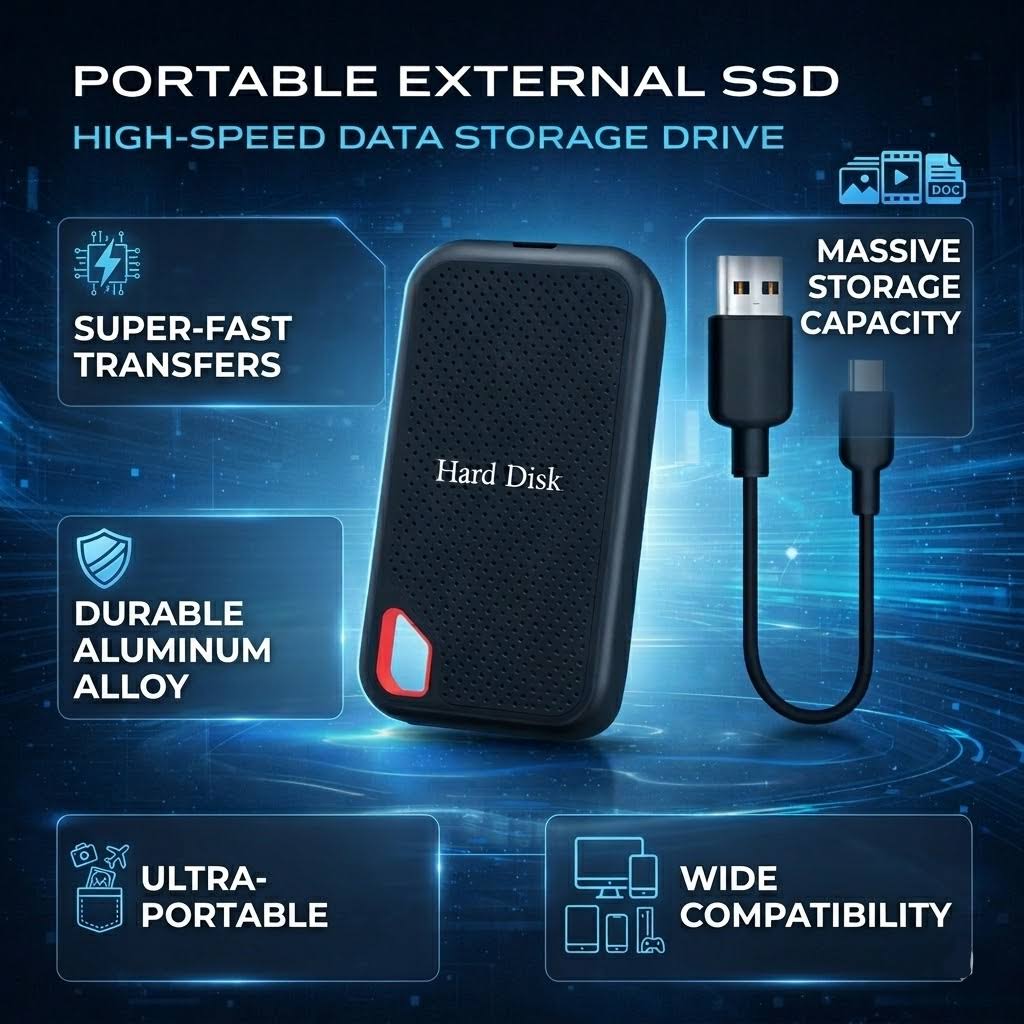 Black portable external SSD hard drive with red carry handle and USB cable