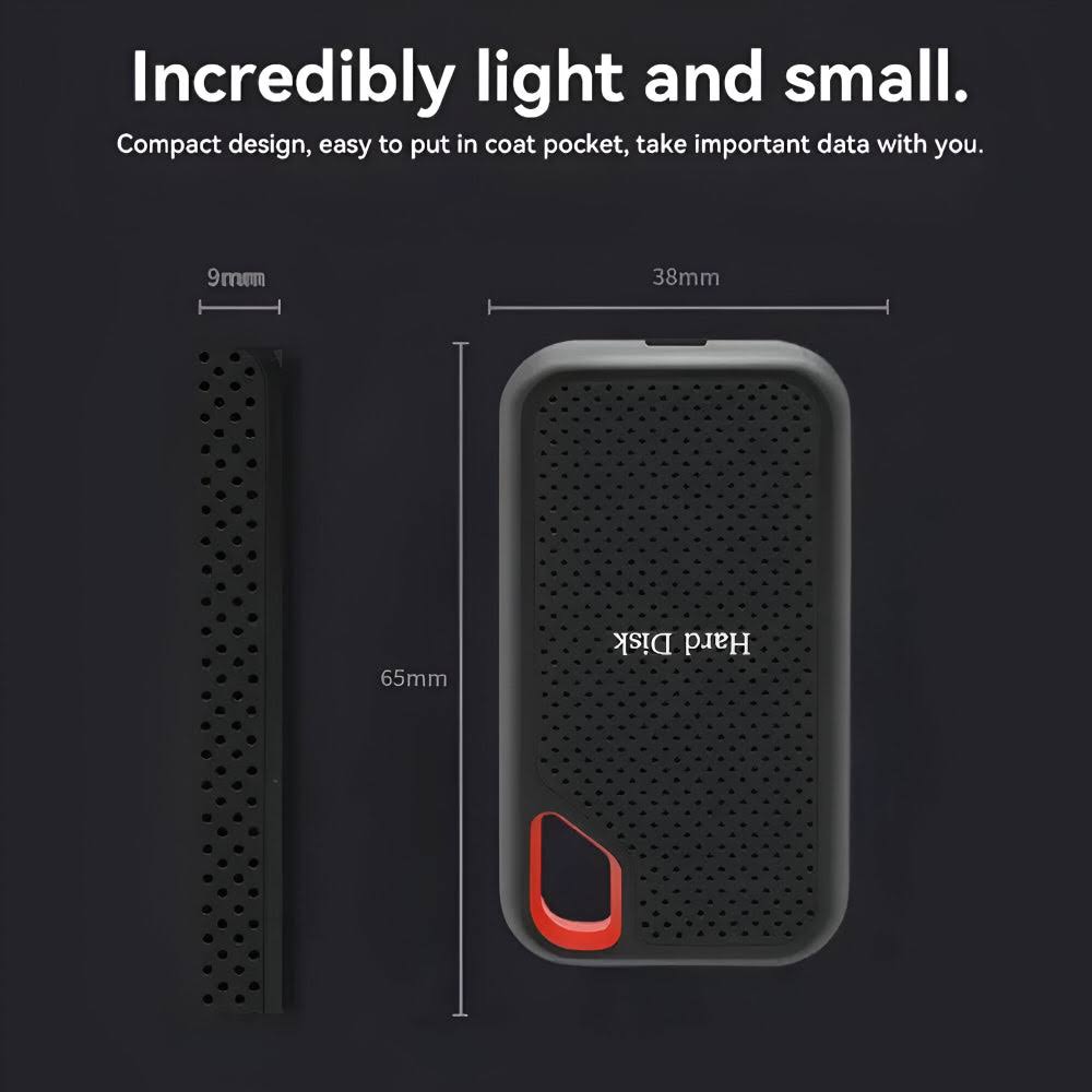 Black portable external SSD hard drive with red carry handle and USB cable