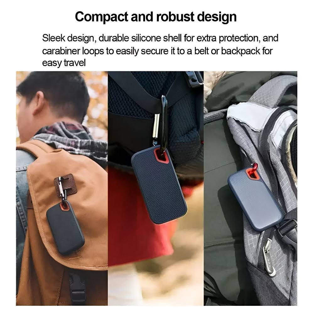 Black portable external SSD hard drive with red carry handle and USB cable