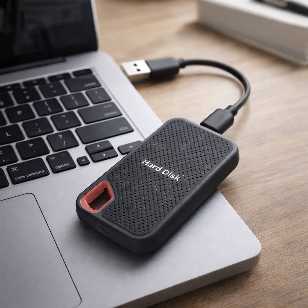 Black portable external SSD hard drive with red carry handle and USB cable