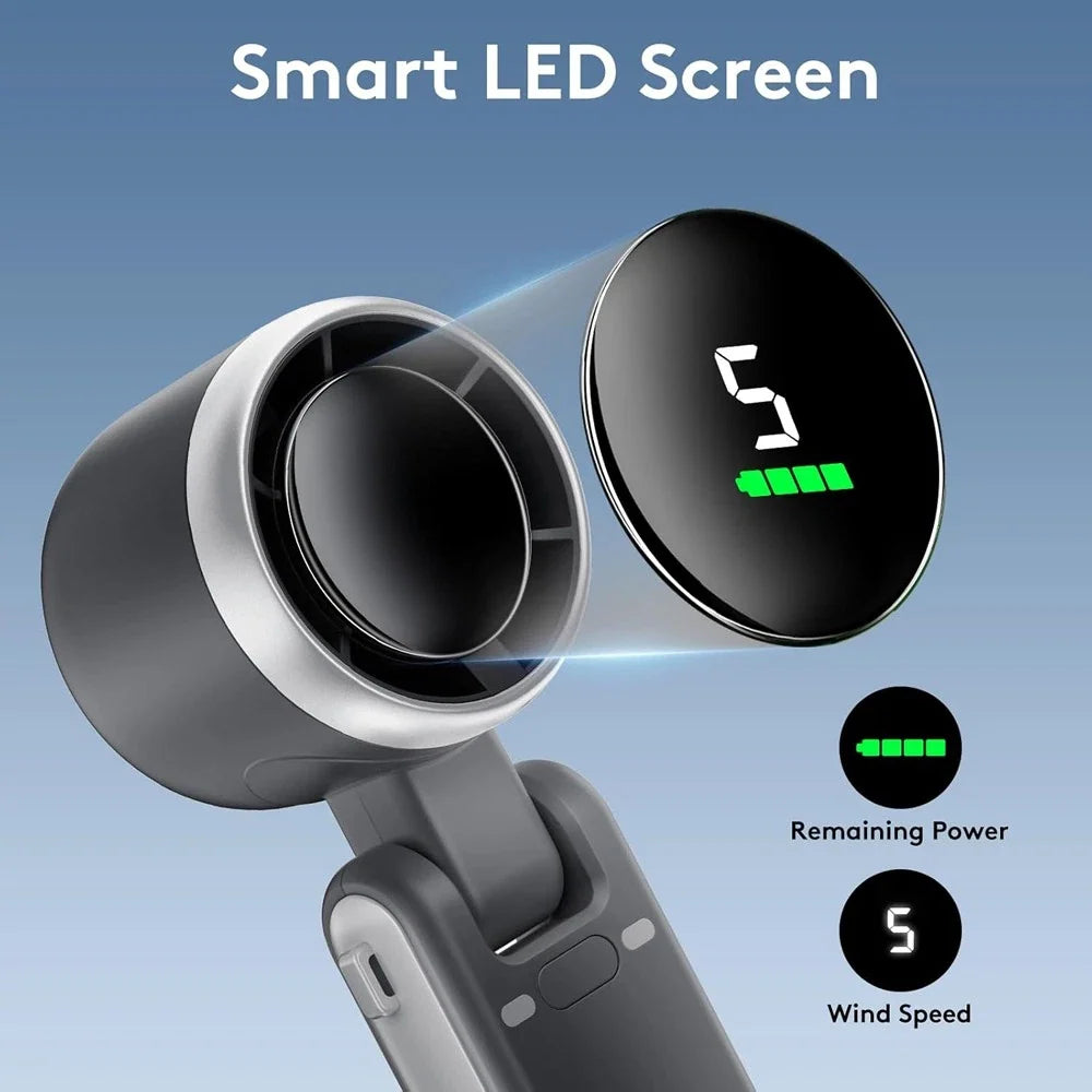 Portable handheld fan with digital display and carry strap