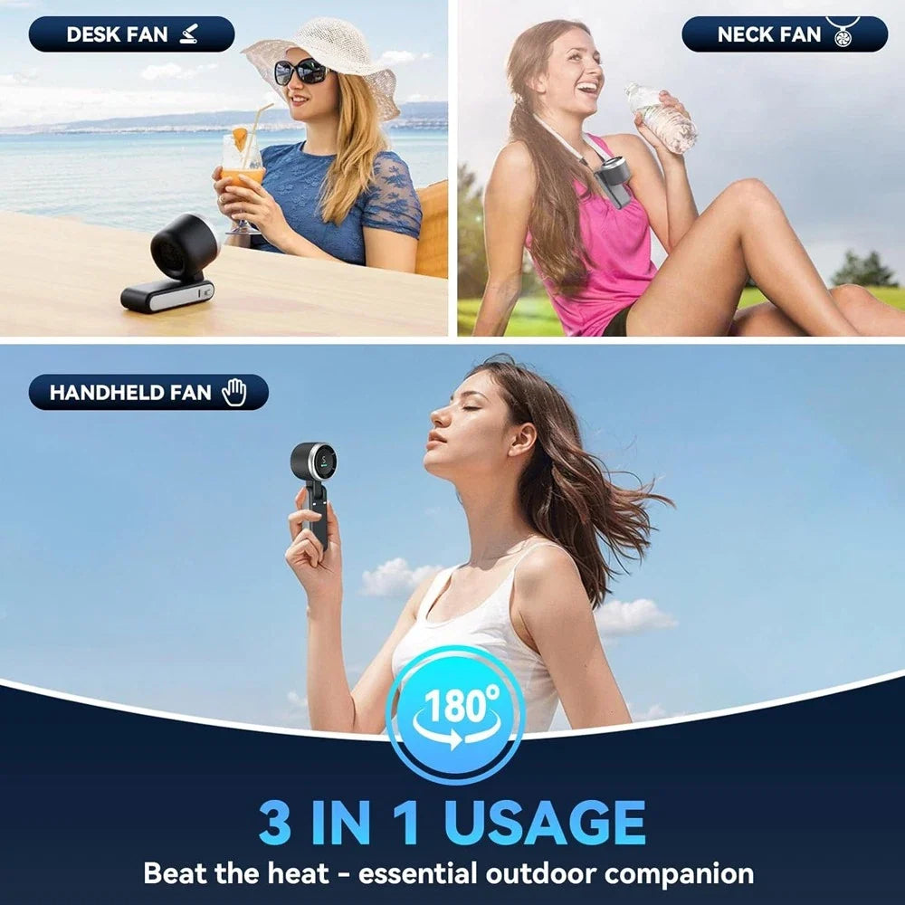 Portable handheld fan with digital display and carry strap