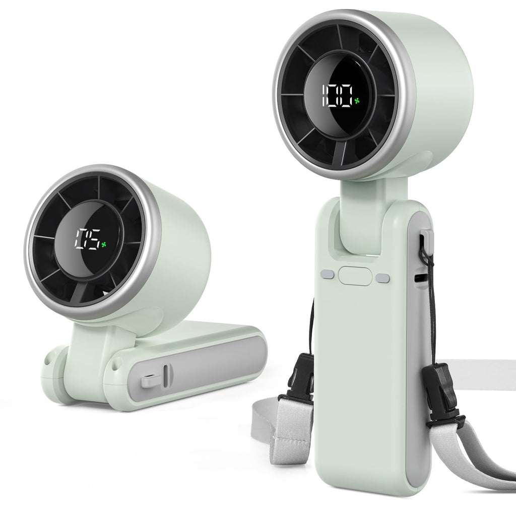 Portable handheld fan with digital display and carry strap