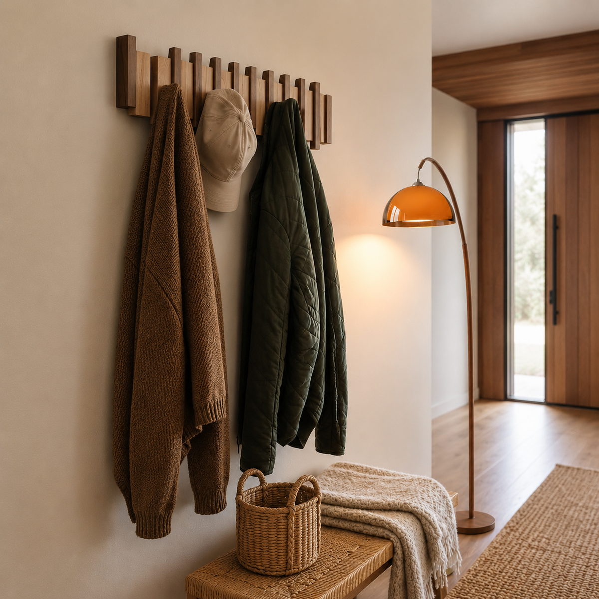 Wooden wall-mounted coat rack with alternating brown slats