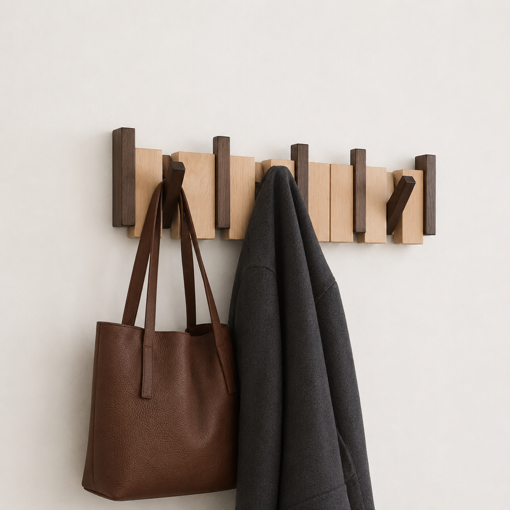 Wooden wall-mounted coat rack with alternating brown slats