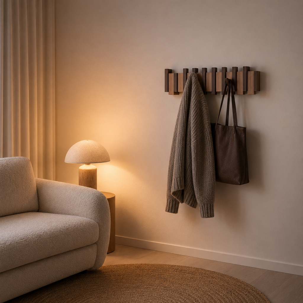 Wooden wall-mounted coat rack with alternating brown slats