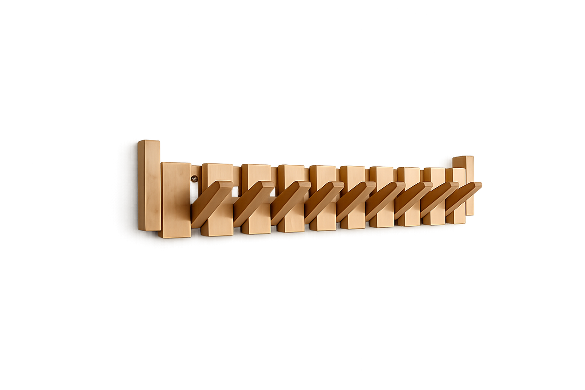 Wooden wall-mounted coat rack with alternating brown slats