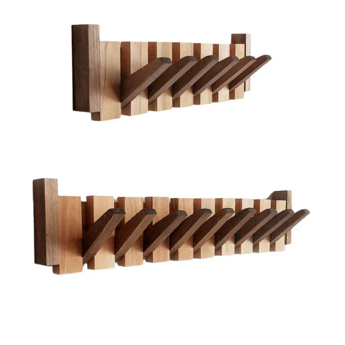 Wooden wall-mounted coat rack with alternating brown slats