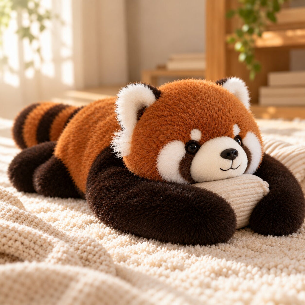Long-armed plush stuffed animals including a sloth and red panda
