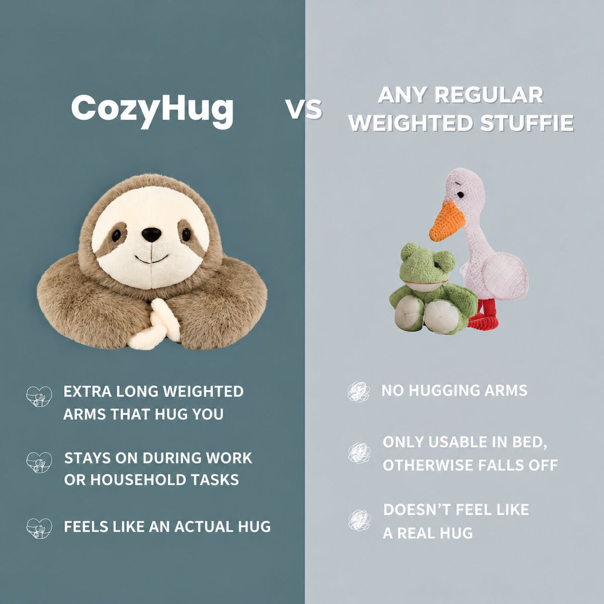 Long-armed plush stuffed animals including a sloth and red panda