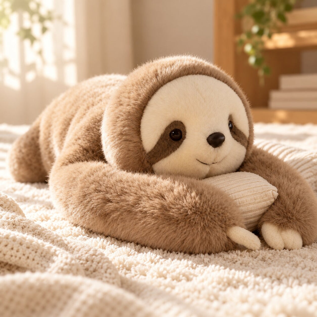 Long-armed plush stuffed animals including a sloth and red panda
