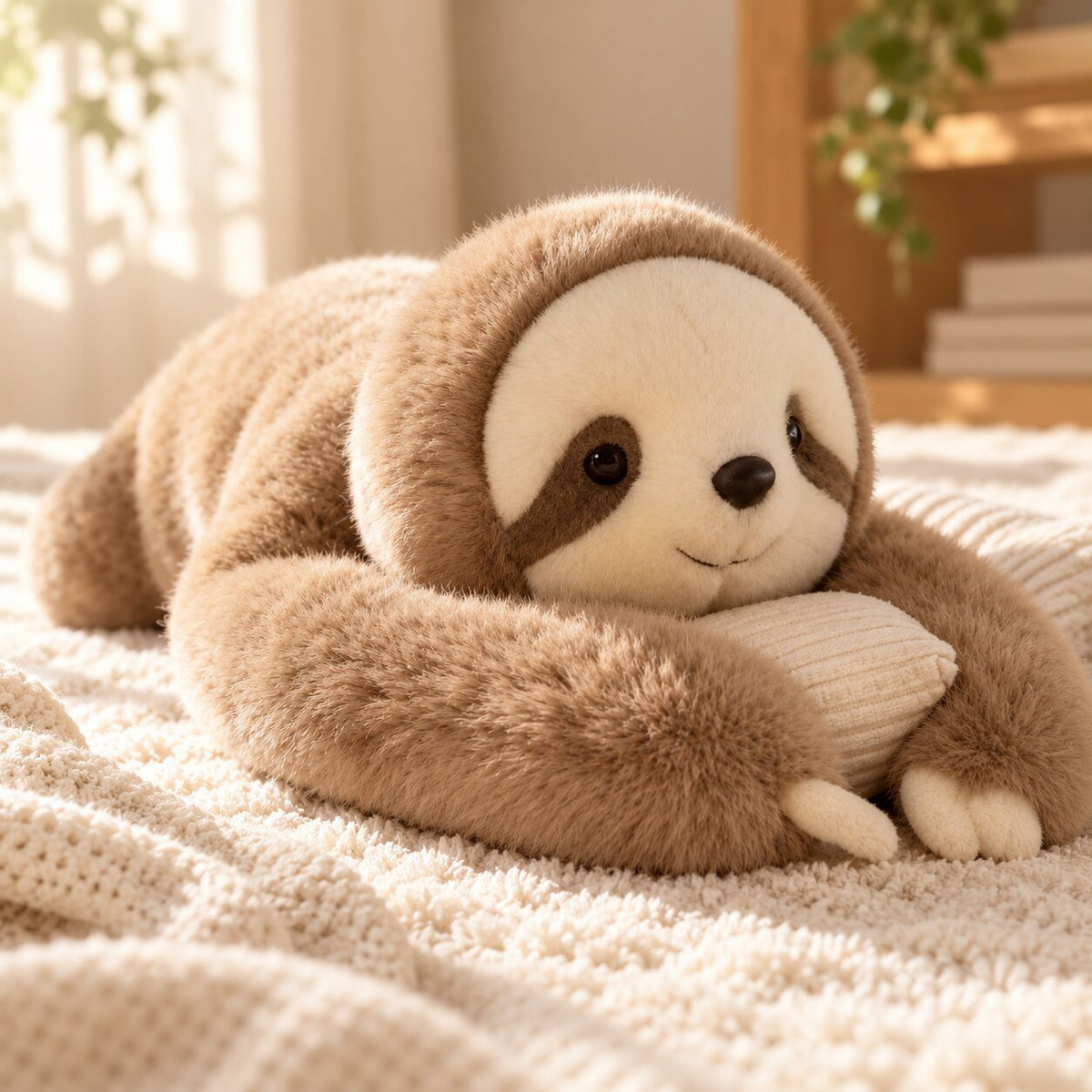 Long-armed plush stuffed animals including a sloth and red panda