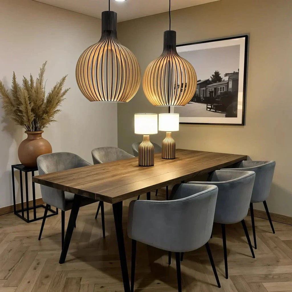Slatted pendant light with a rounded wood-effect shade and hanging cord