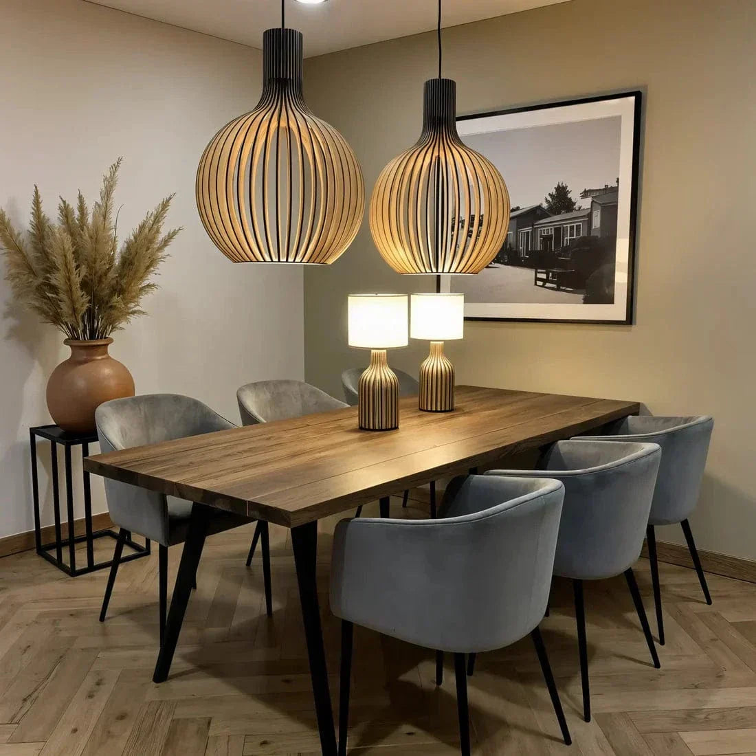 Slatted pendant light with a rounded wood-effect shade and hanging cord