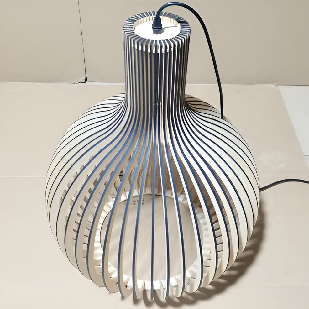 Slatted pendant light with a rounded wood-effect shade and hanging cord