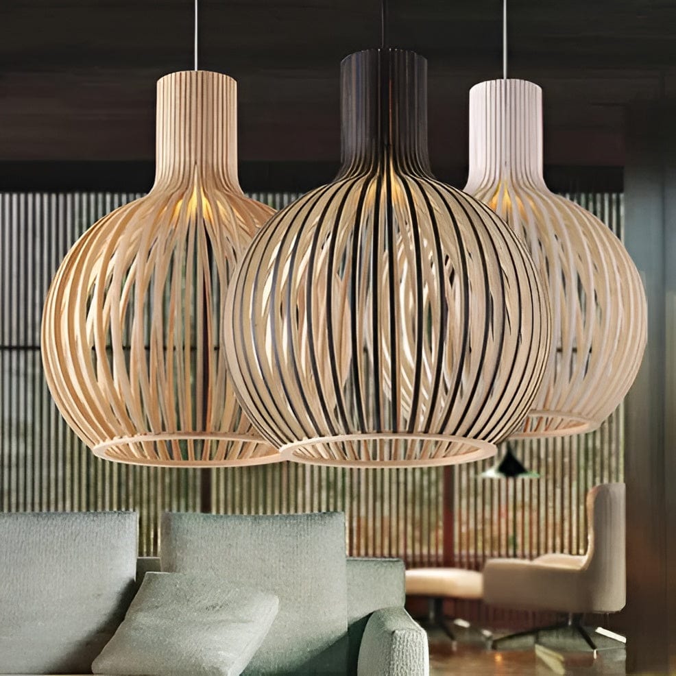 Slatted pendant light with a rounded wood-effect shade and hanging cord
