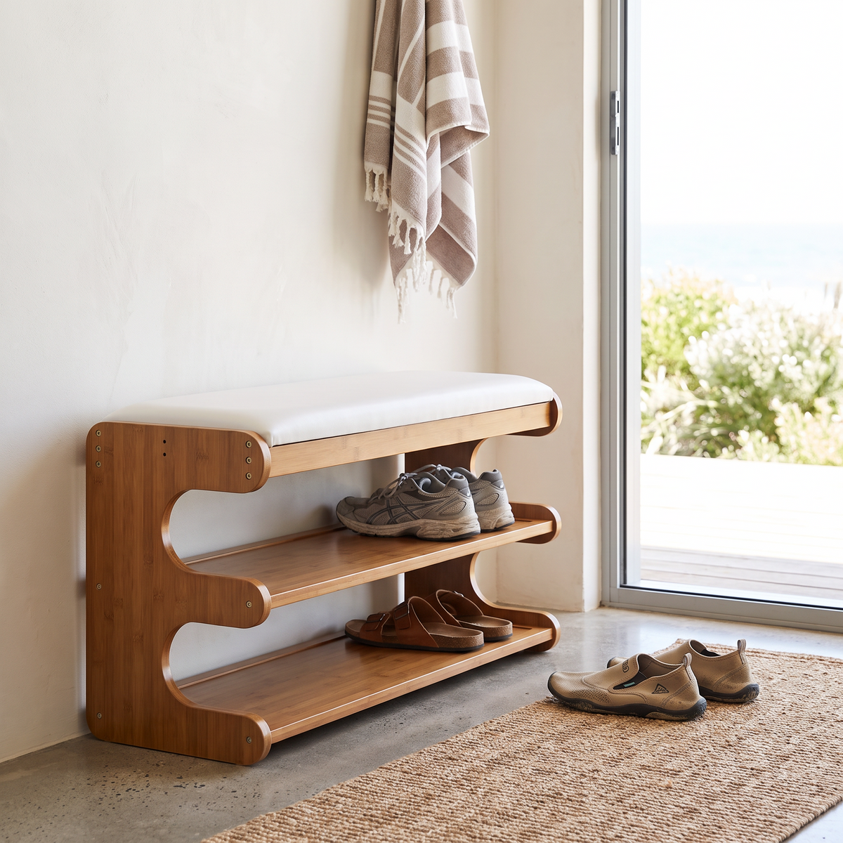 Bamboo shoe bench with white cushioned seat and two storage shelves