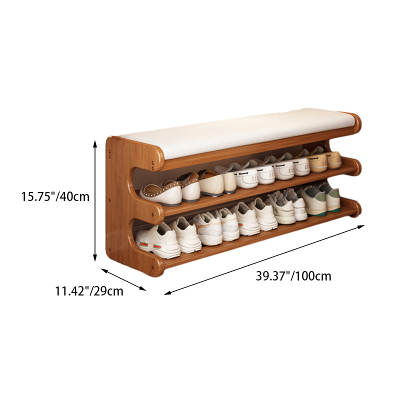 Bamboo shoe bench with white cushioned seat and two storage shelves