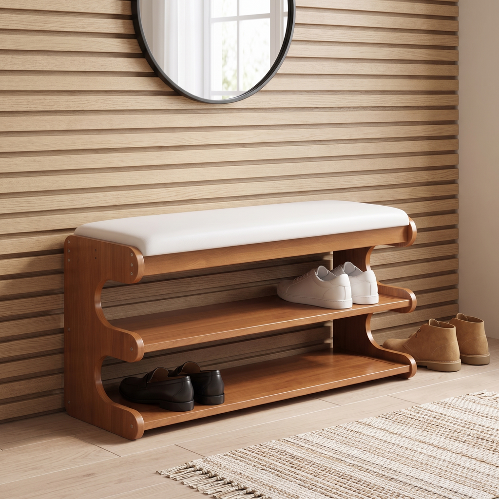 Bamboo shoe bench with white cushioned seat and two storage shelves